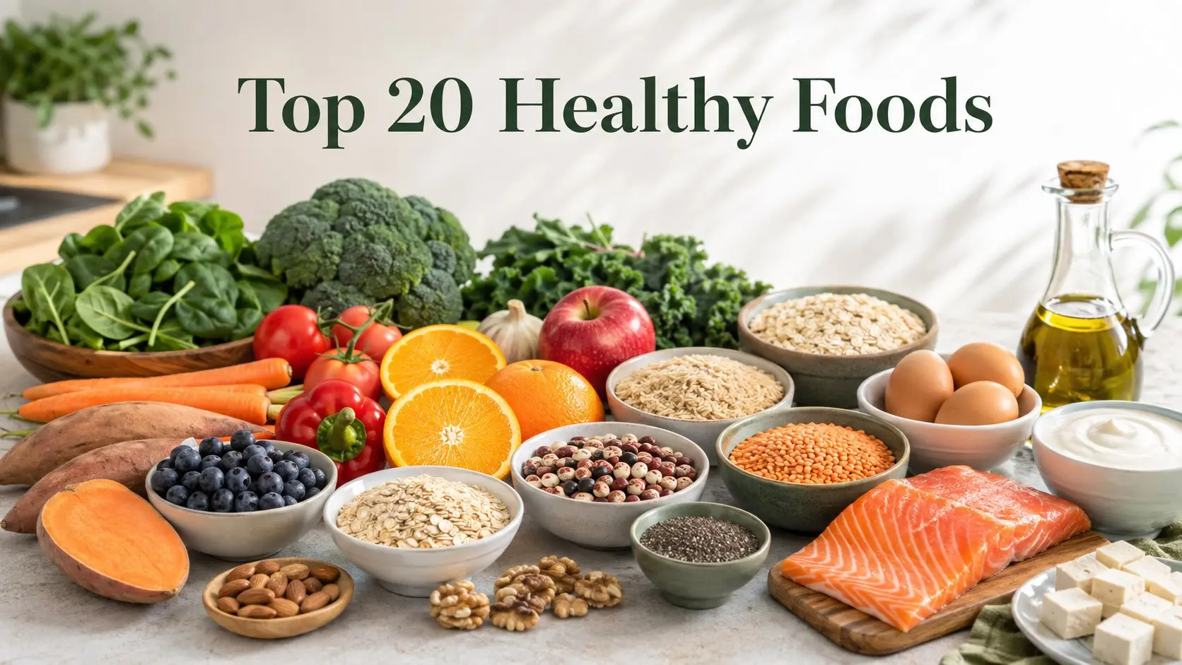 Top 20 Healthy Foods including vegetables, fruit, whole grains, beans, salmon, eggs, yogurt, nuts, seeds and olive oil