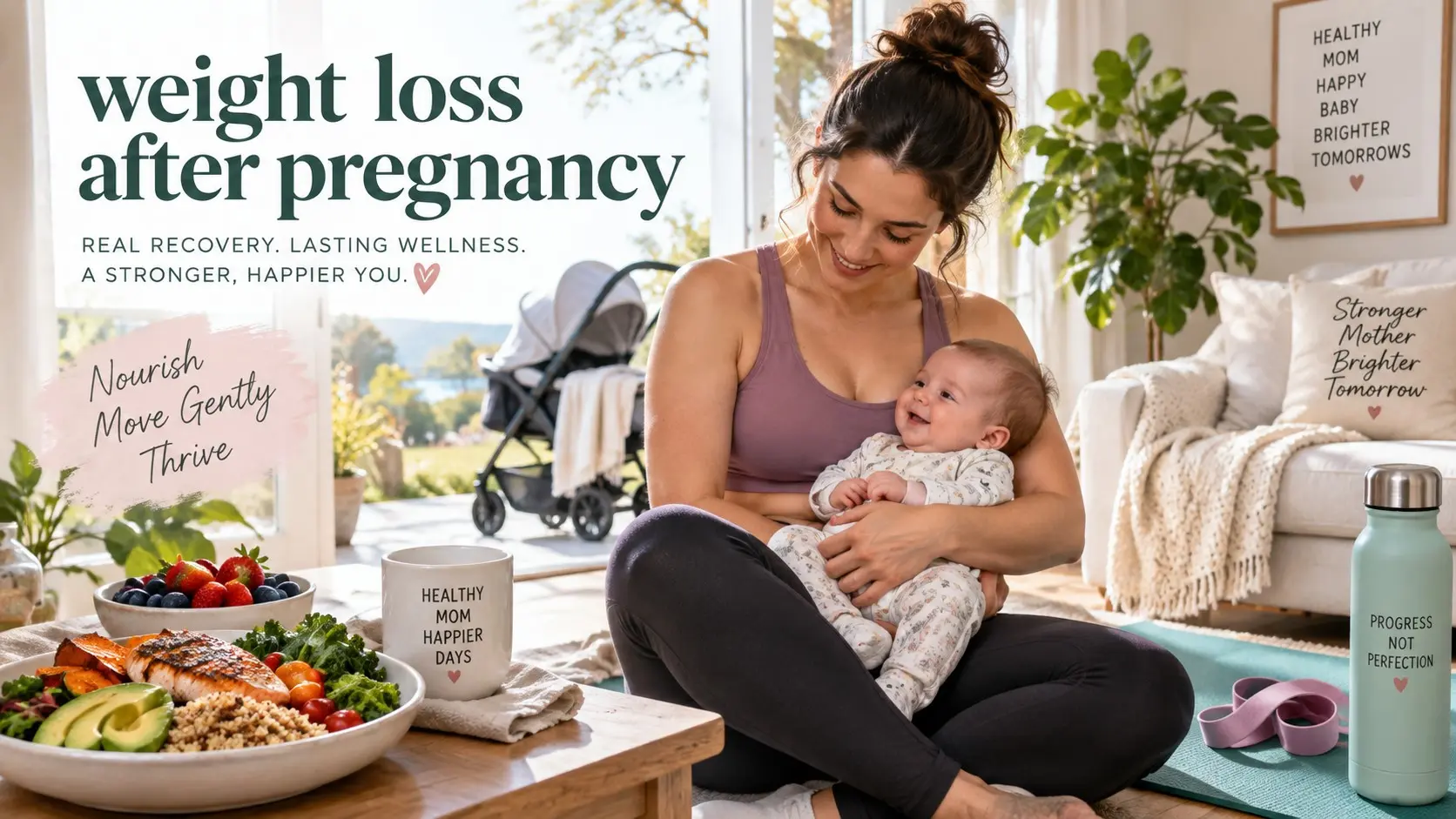 Weight loss after pregnancy guide showing gentle walking, balanced nutrition, postpartum recovery, strength, breastfeeding support, and healthy habits.