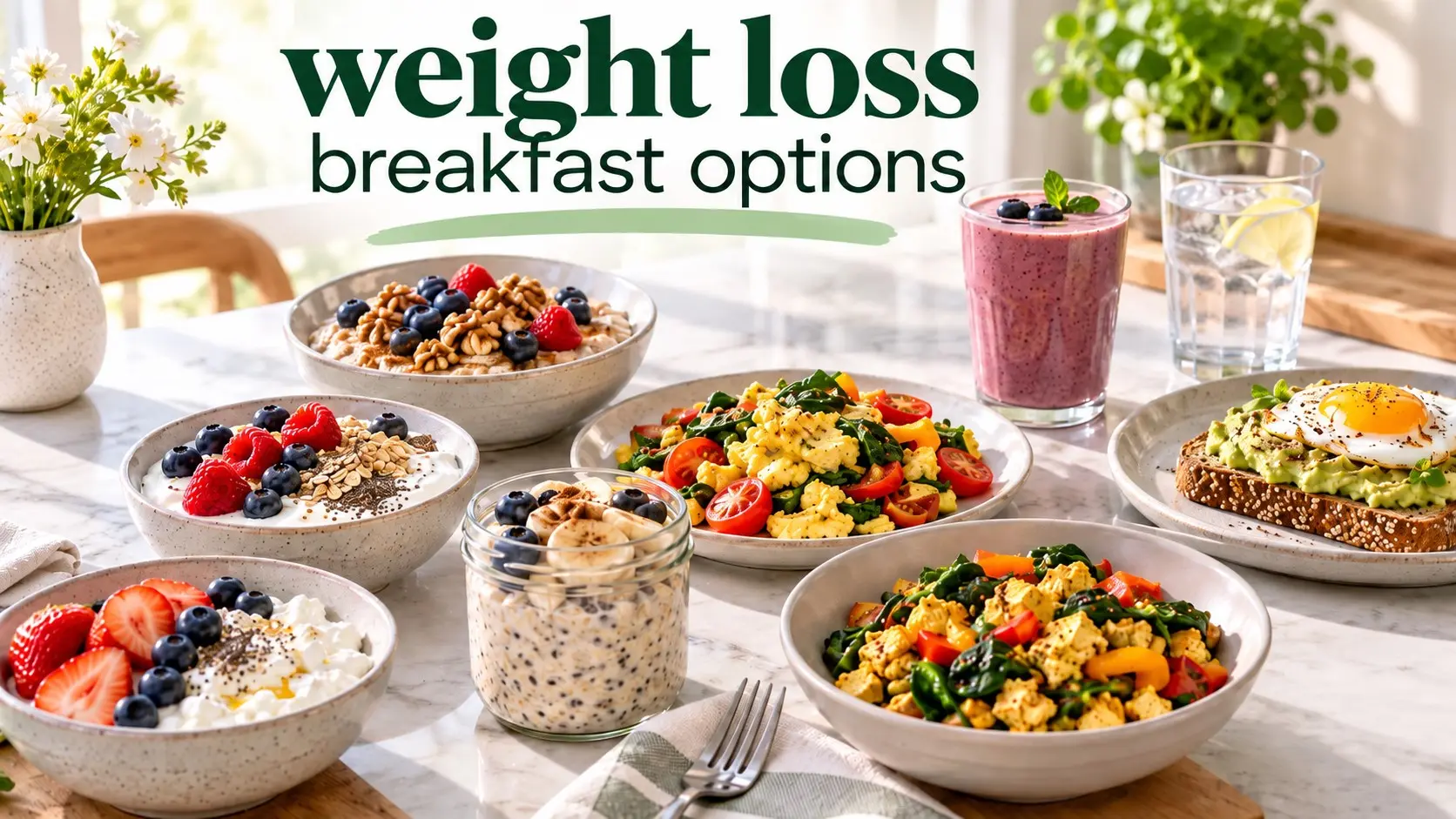 Weight loss breakfast options including Greek yogurt, oatmeal, eggs, fruit, whole grains, vegetables, and balanced protein rich meals.