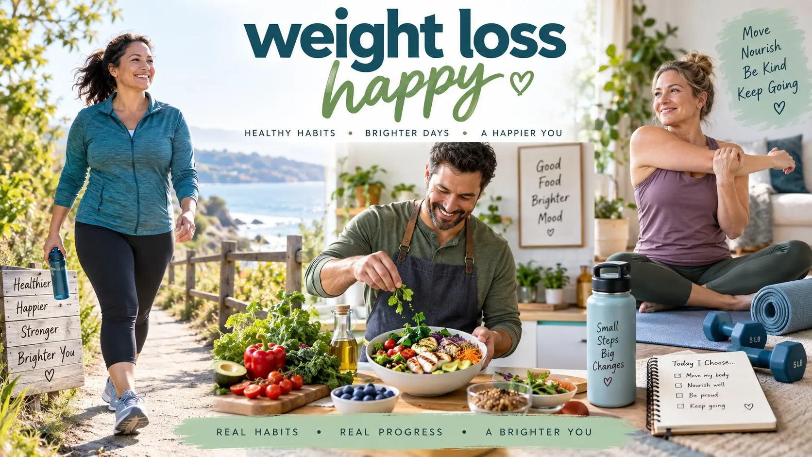 Weight loss happy lifestyle showing healthy eating, walking, strength training, self care, social support, and positive sustainable habits.
