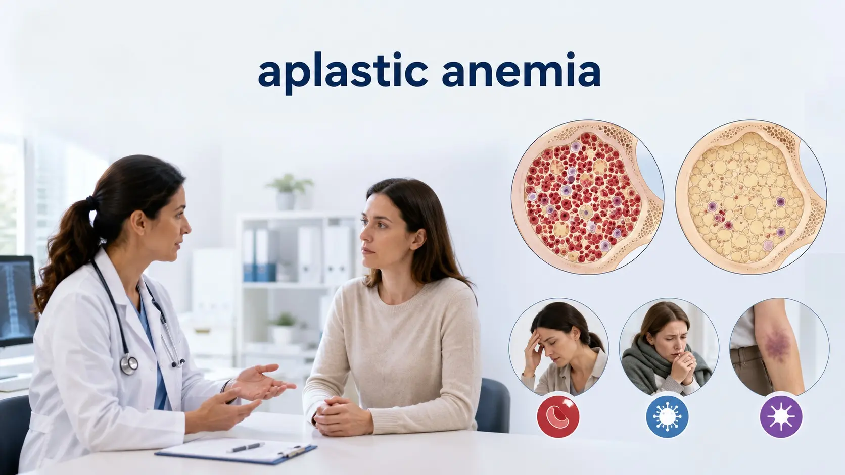 Adult discussing aplastic anemia with a hematologist beside healthy and hypocellular bone marrow and blood cell illustrations