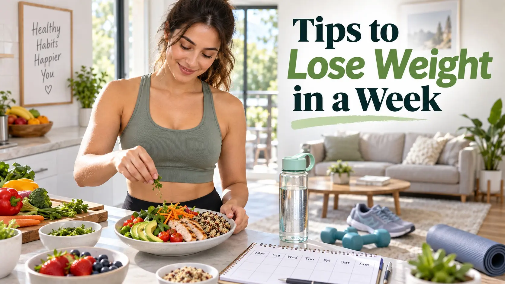 Tips to lose weight in a week with balanced meals, walking, strength training, hydration, sleep, and realistic healthy habits