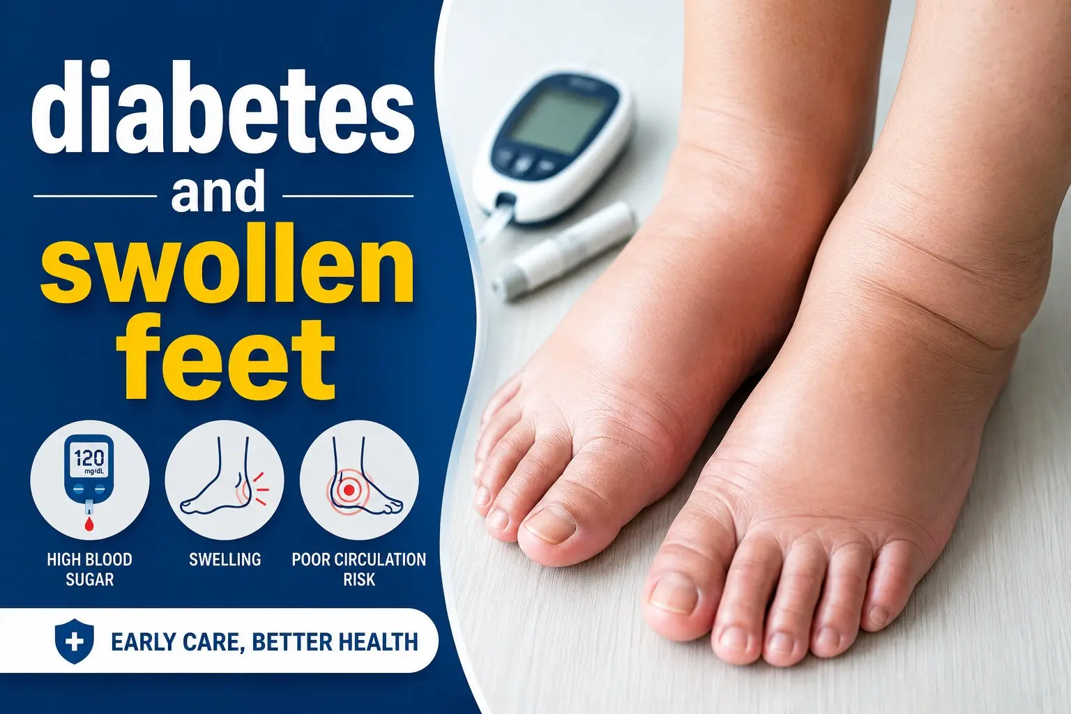 diabetes and swollen feet - Adult with diabetes having swollen feet examined by a healthcare professional with kidney, circulation, and foot care cues