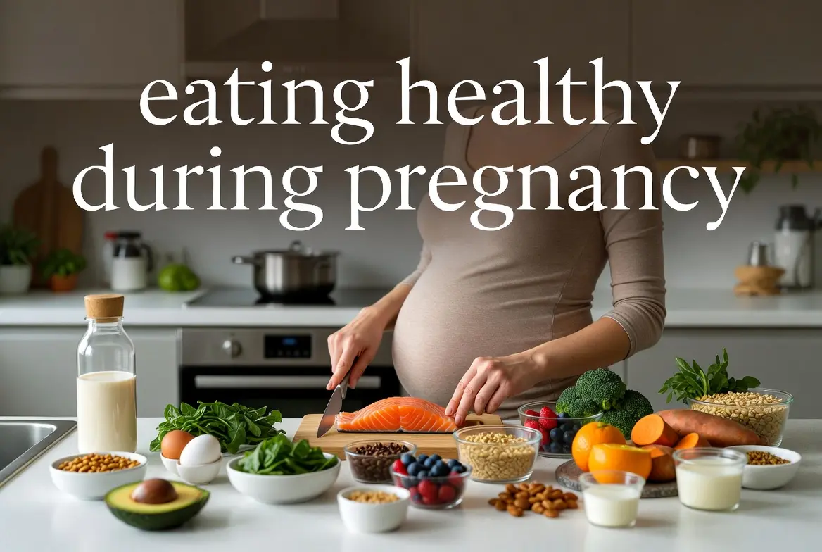 eating healthy during pregnancy - Pregnant woman preparing a balanced meal with cooked salmon, vegetables, whole grains, fruit, yogurt, eggs, and lentils.