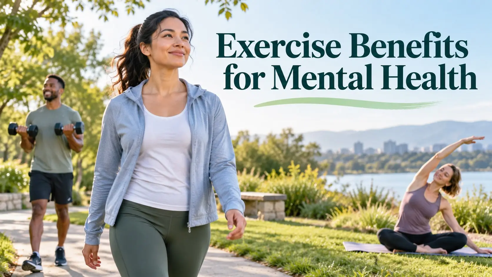 Exercise benefits for mental health shown through walking, strength training, yoga, stress relief, better mood, and healthy movement