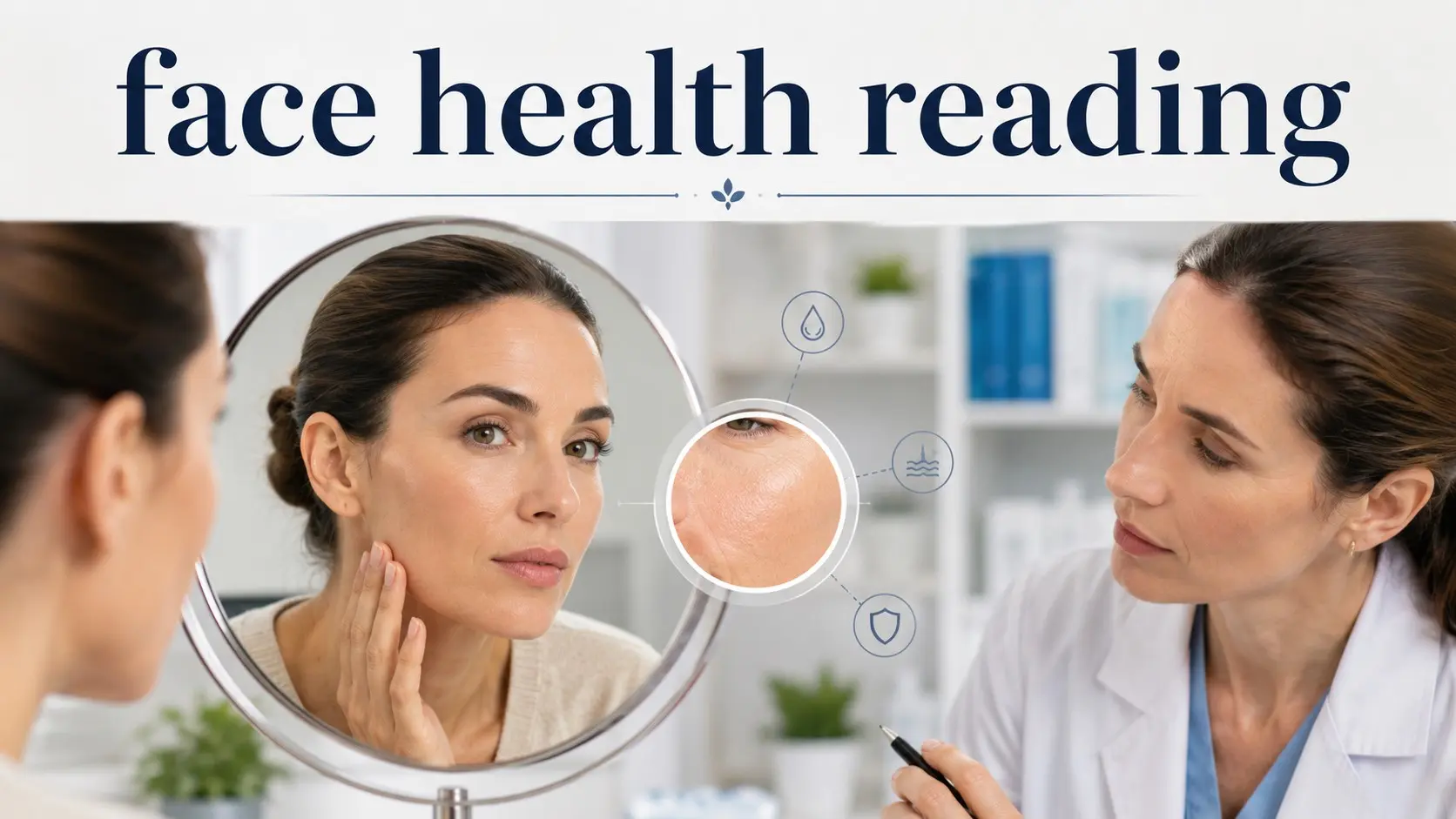 face health reading - Adult examines facial skin changes in a mirror while a healthcare professional explains which visible signs may need medical assessment.