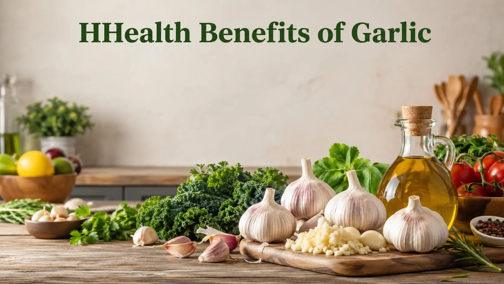 Health Benefits of Garlic with fresh garlic, vegetables, beans, whole grains, fish and olive oil in a balanced healthy meal