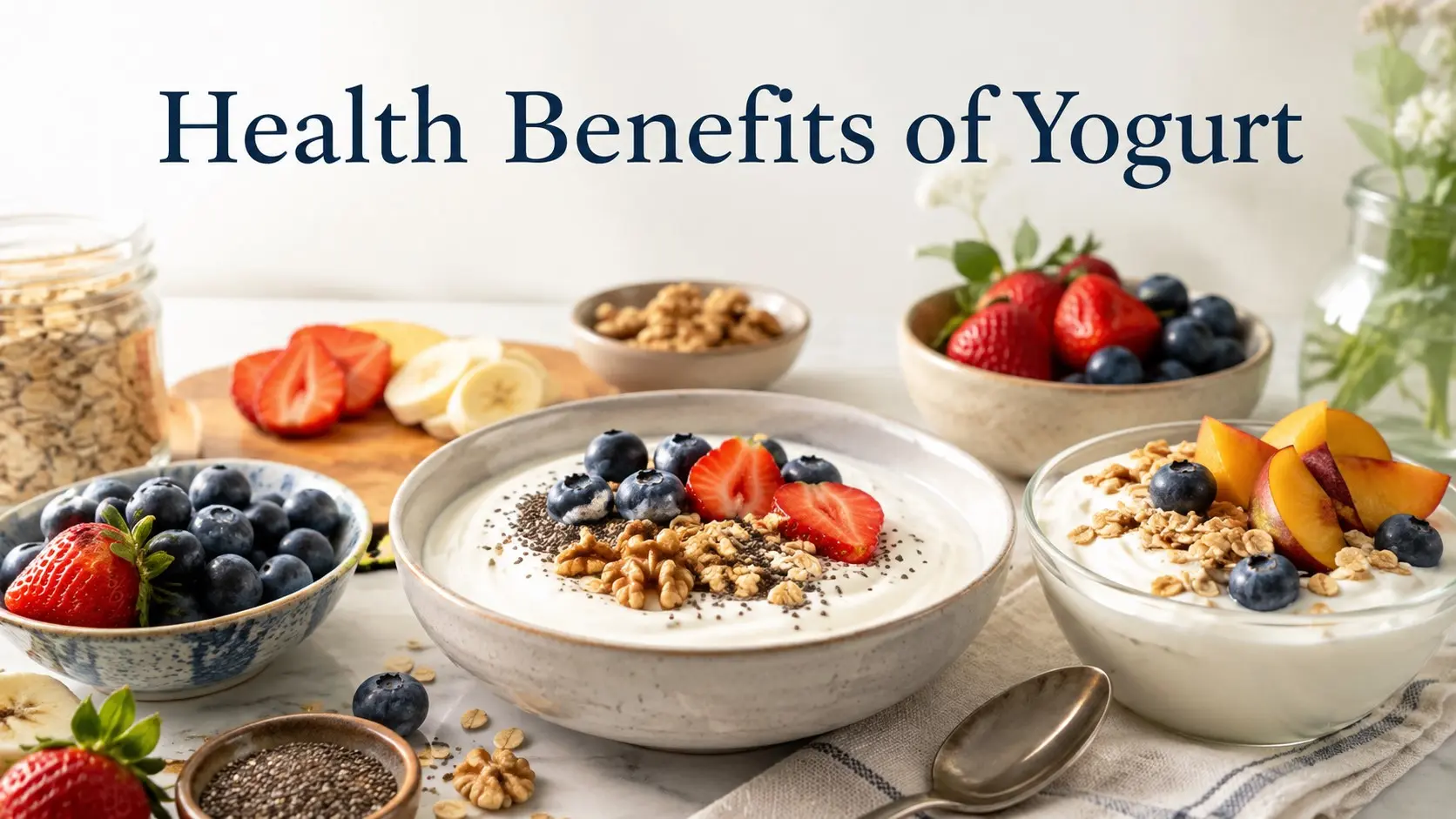 Health Benefits of Yogurt with plain Greek yogurt, berries, oats, nuts and seeds for protein, calcium and balanced nutrition