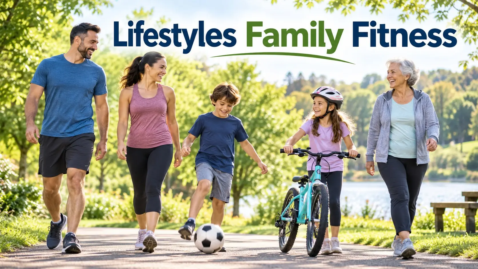 Lifestyles family fitness with parents, children, and an older adult walking, cycling, playing, and staying active together outdoors