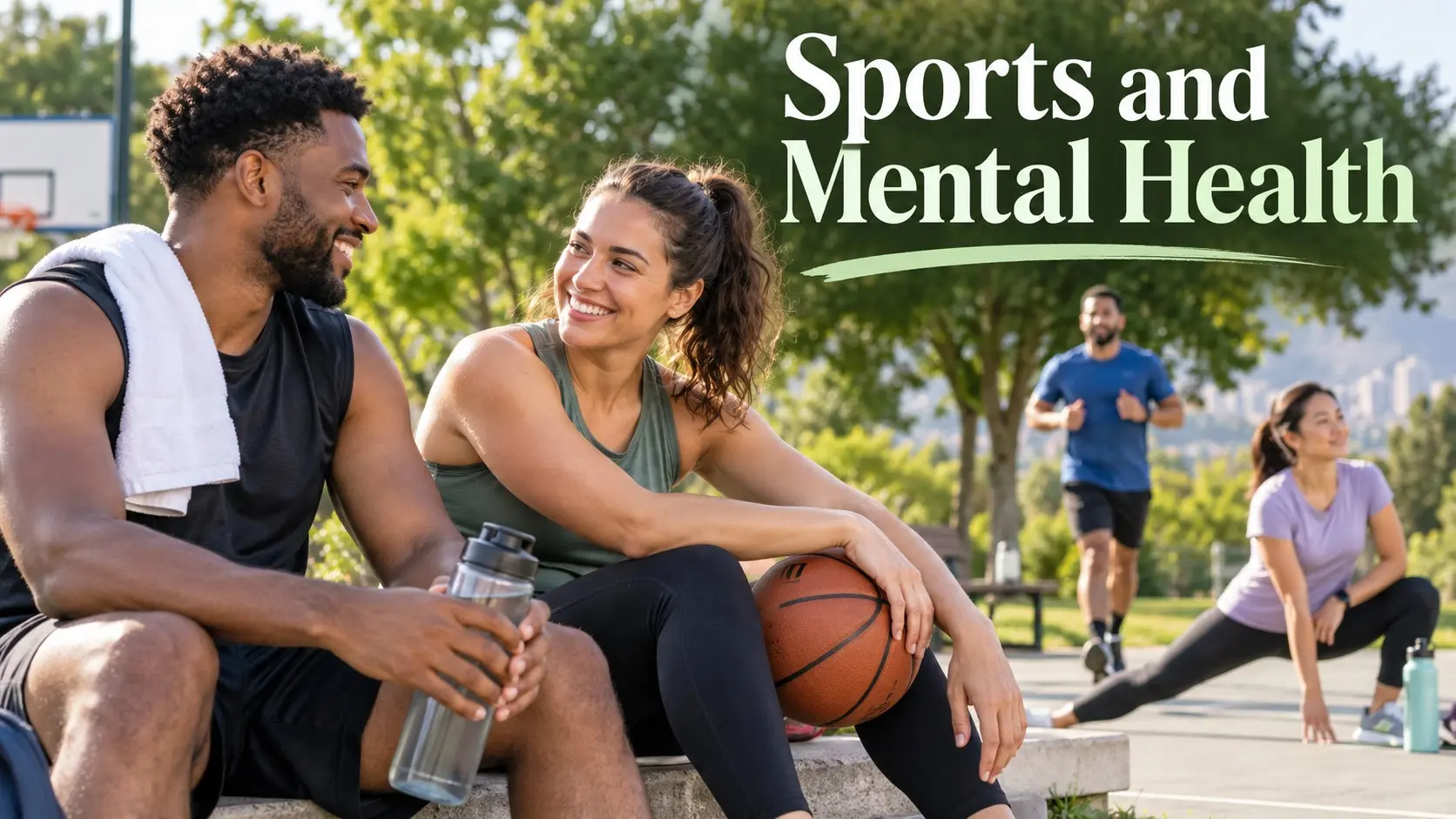 Sports and mental health with athletes exercising, supporting teammates, recovering, and building social connection through physical activity