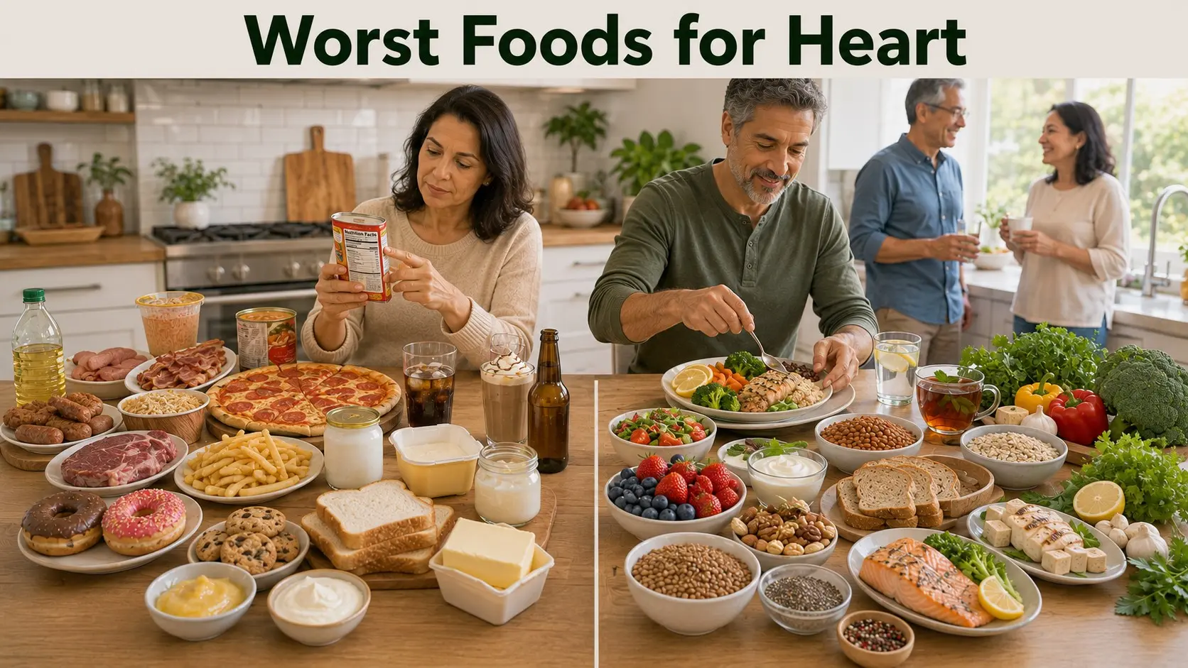 Worst Foods for Heart- Processed meats, sugary drinks, fried foods, and salty meals shown beside heart healthy alternatives such as vegetables, beans, whole grains, fish, nuts, and olive oil.