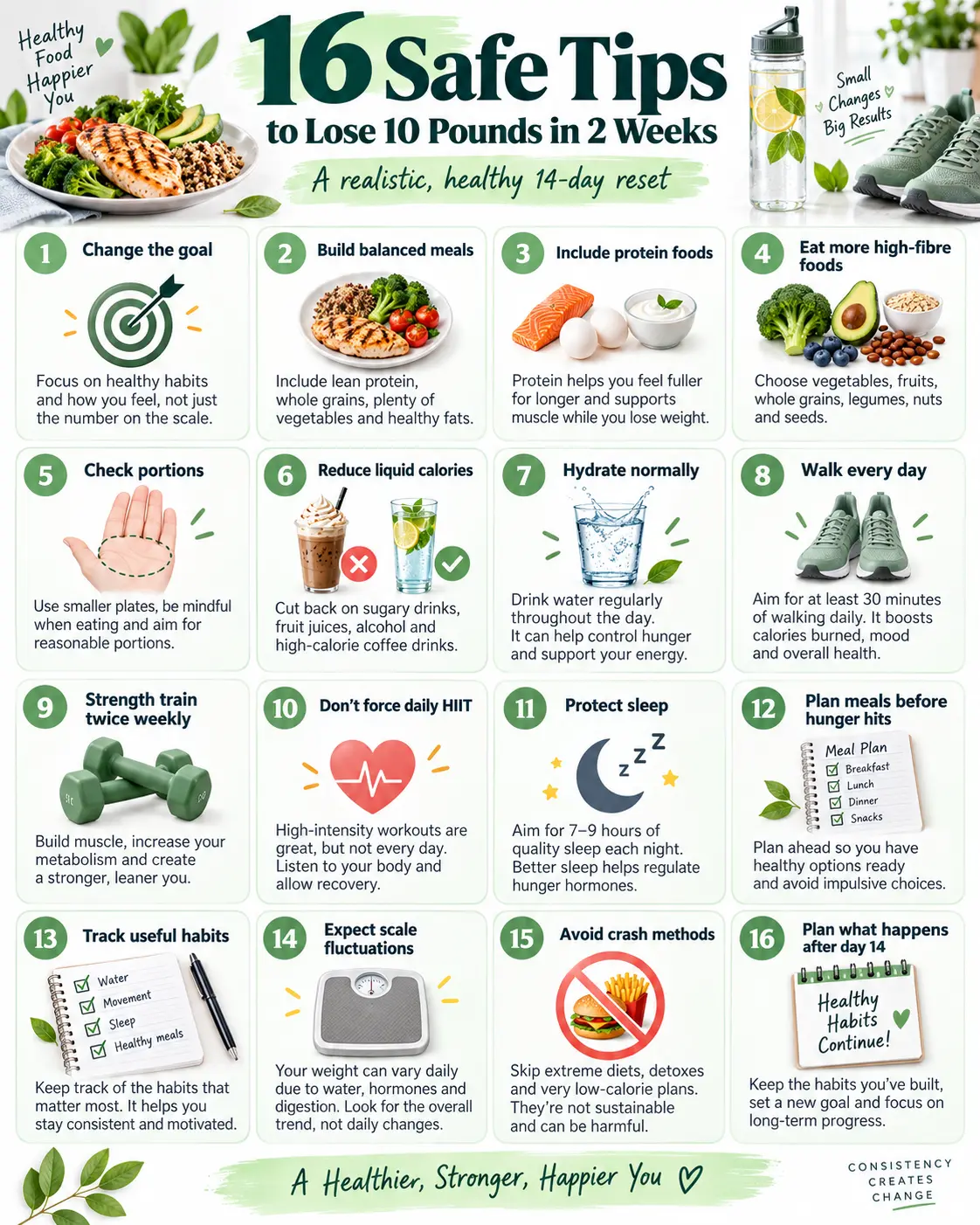 16 tips to Lose 10 pounds in 2 weeks safely with balanced meals, walking, strength training, sleep, hydration, and realistic weight loss habits