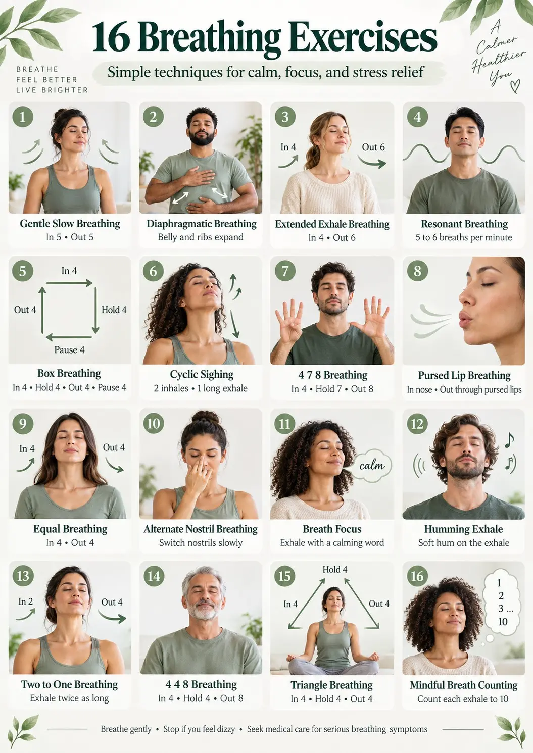 16 Breathing exercises for stress relief with slow diaphragmatic breathing, relaxation, calm focus, and gentle breath control