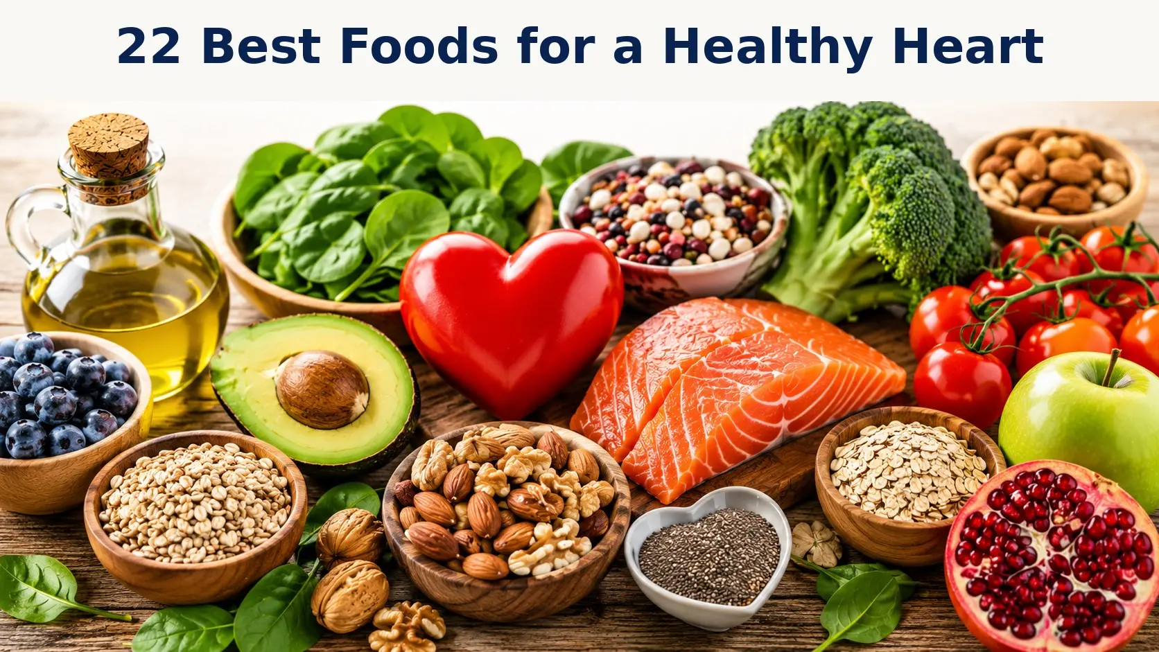 best foods for a healthy heart - Colorful heart healthy foods including salmon, oats, beans, berries, leafy greens, nuts, avocado, olive oil, yogurt, whole grains, and fruit arranged on a table.