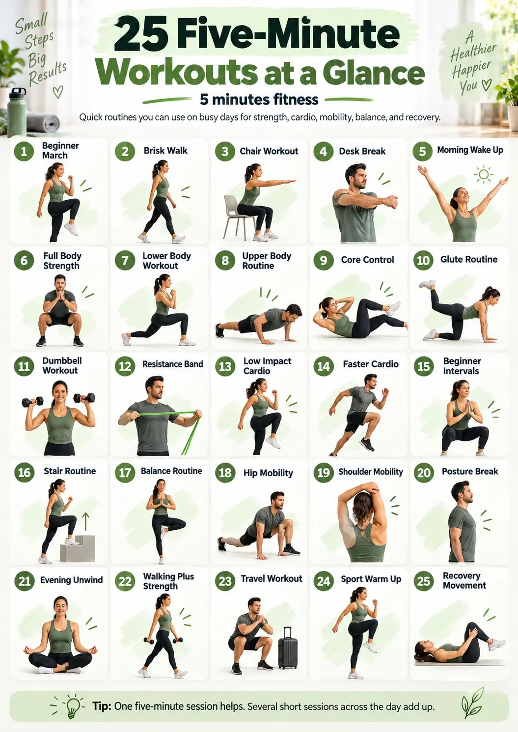 5 minutes fitness workout with 25 tips like quick strength, cardio, mobility, walking, and home exercise options for busy people