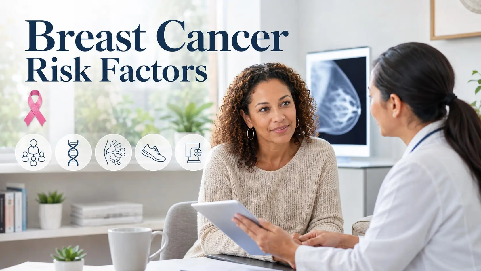 Breast Cancer Risk Factors discussed with a healthcare professional, including genetics, dense breasts, lifestyle, and screening.