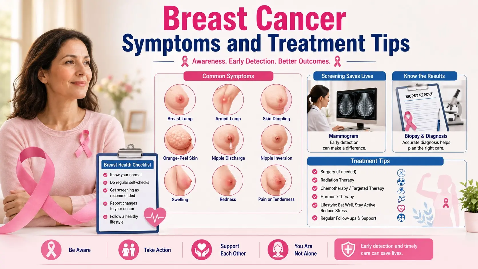 Breast Cancer Symptoms and Treatment Tips guide with breast awareness ribbon, breast lump, skin dimpling, nipple changes, swelling, mammogram, biopsy, and treatment checklist icons.
