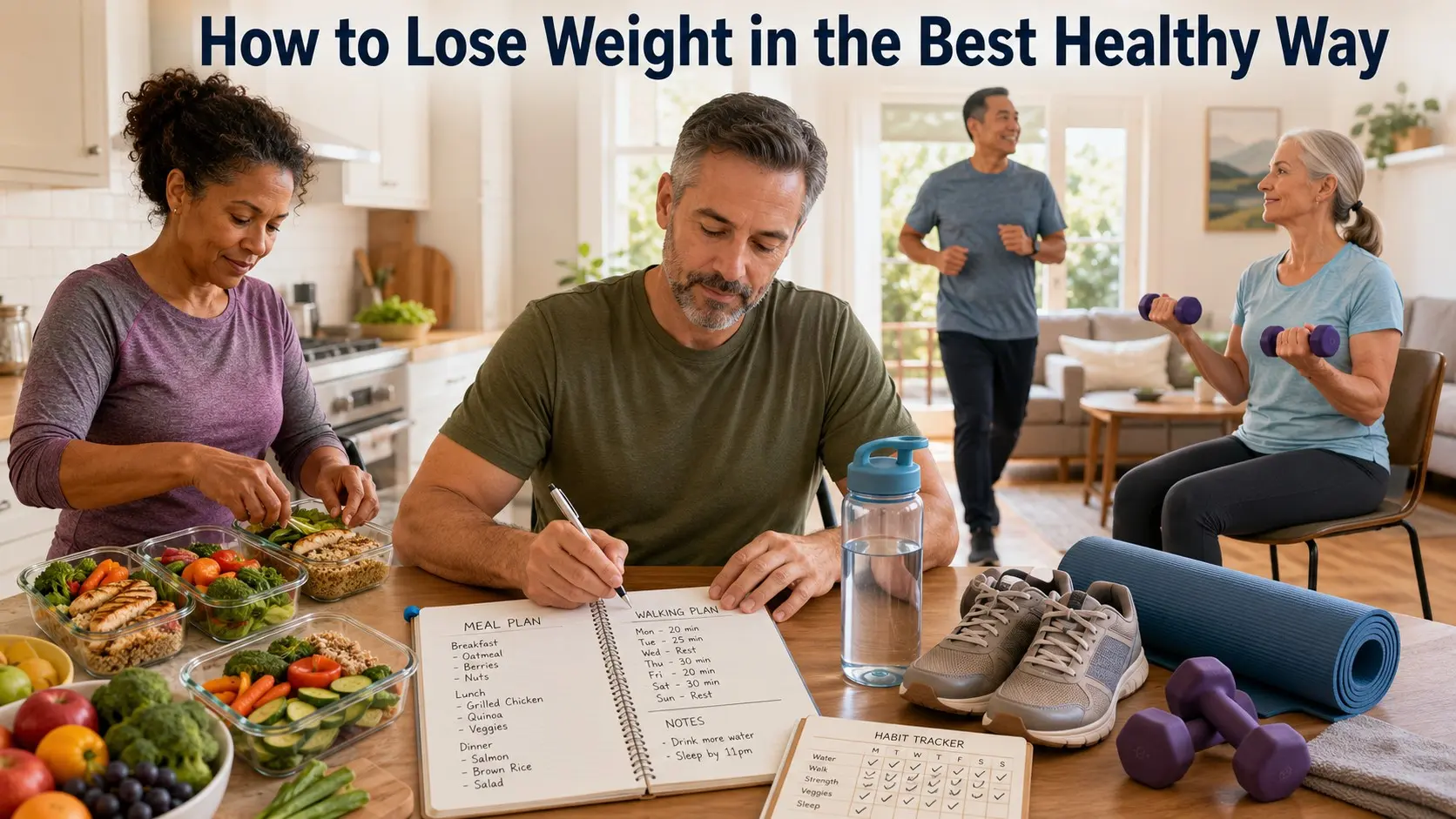 How to Lose Weight in the Best Healthy Way guide with adults planning balanced meals, walking, water, light strength training, and healthy habits
