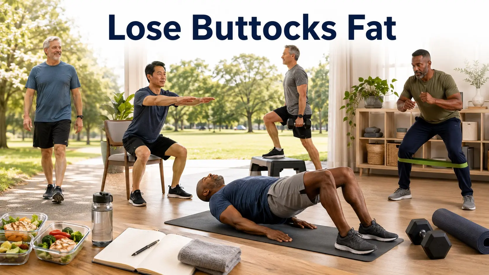 Lose Buttocks Fat guide for men with safe walking, squats, glute bridges, step ups, resistance band work, and healthy habits
