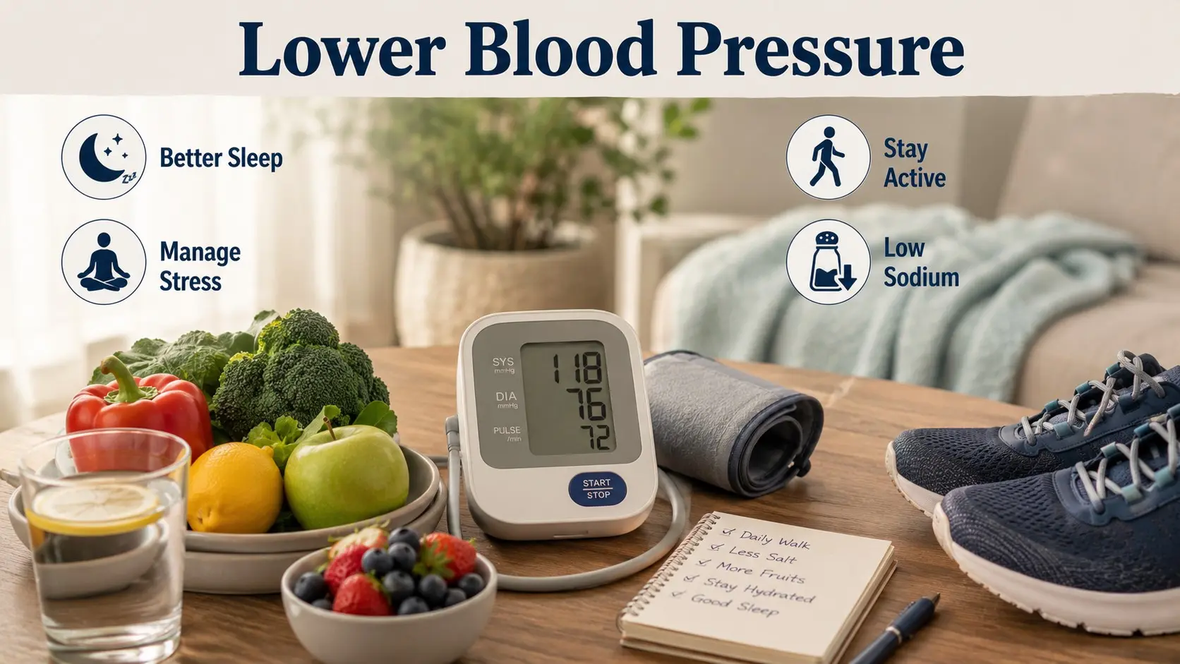 Lower Blood Pressure guide with a home blood pressure monitor, heart healthy food, water, walking shoes, and calm lifestyle icons.