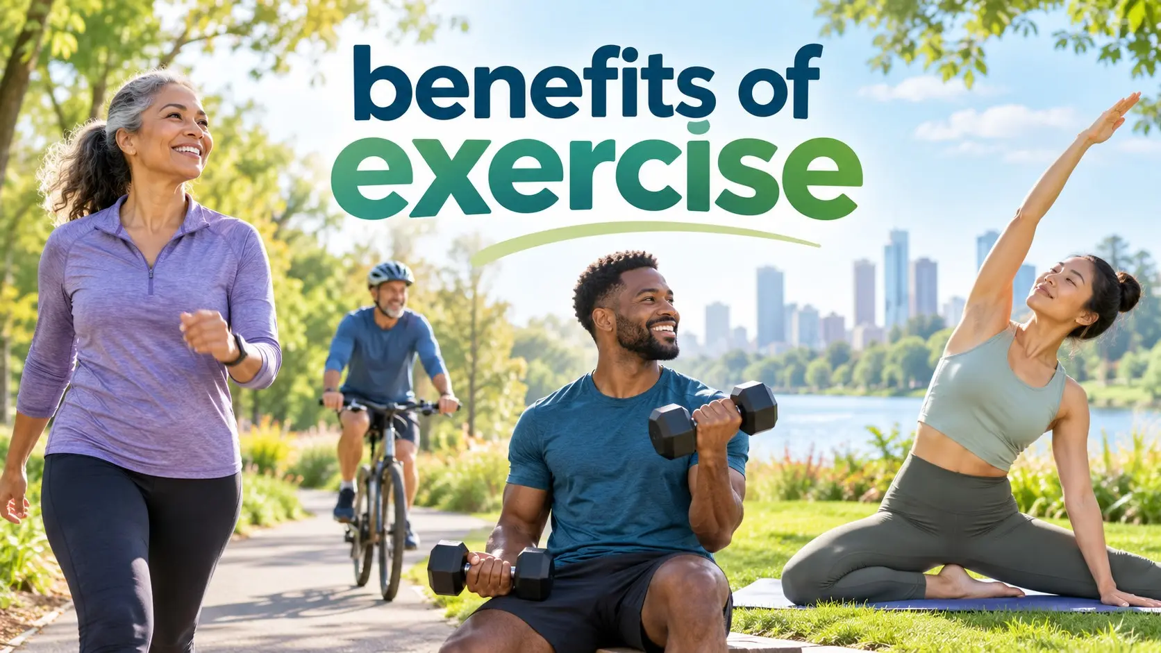 Benefits of exercise shown through walking, strength training, cycling, mobility, heart health, brain health, balance, and healthy aging