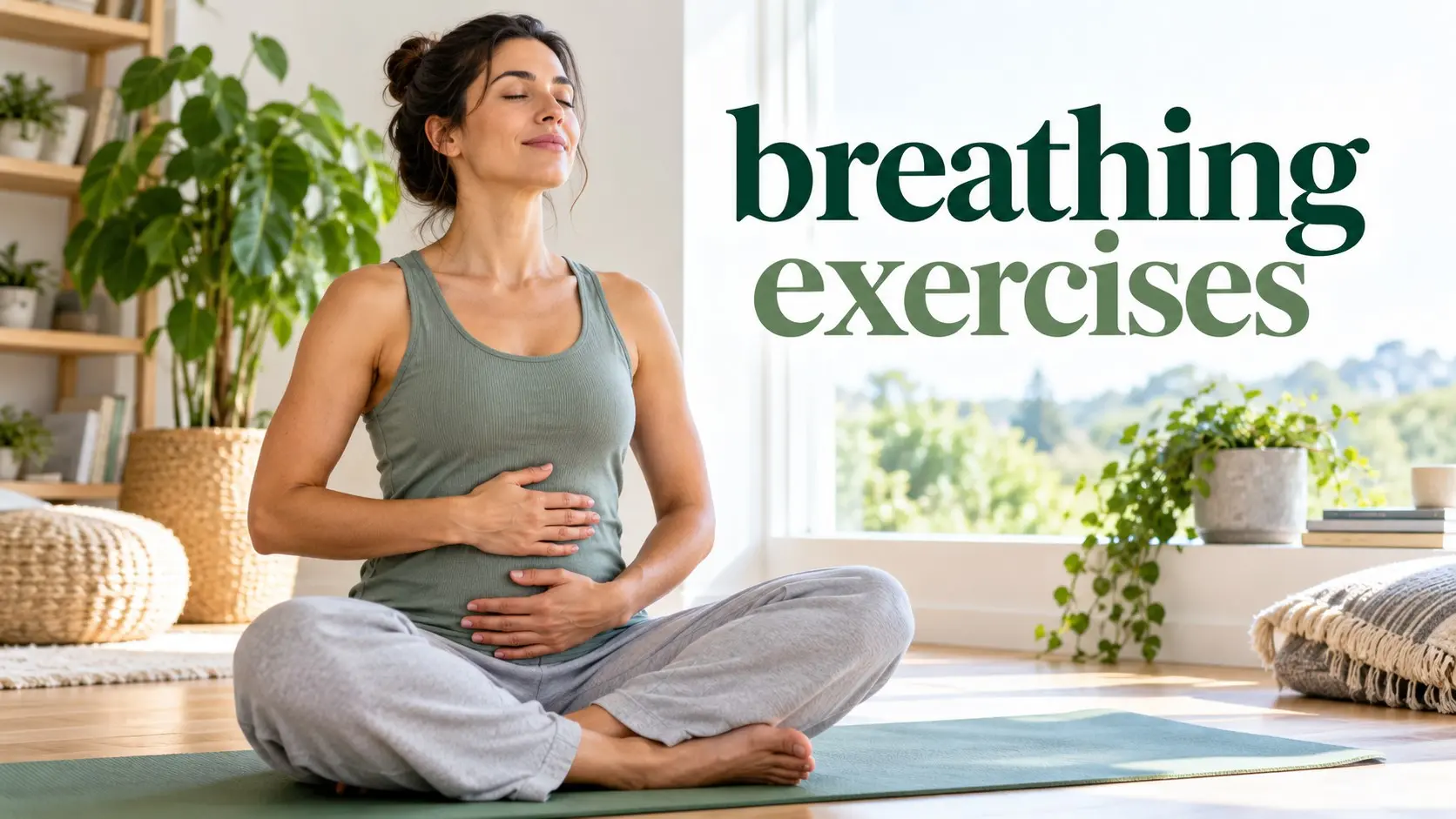 Breathing exercises for stress relief with slow diaphragmatic breathing, relaxation, calm focus, and gentle breath control