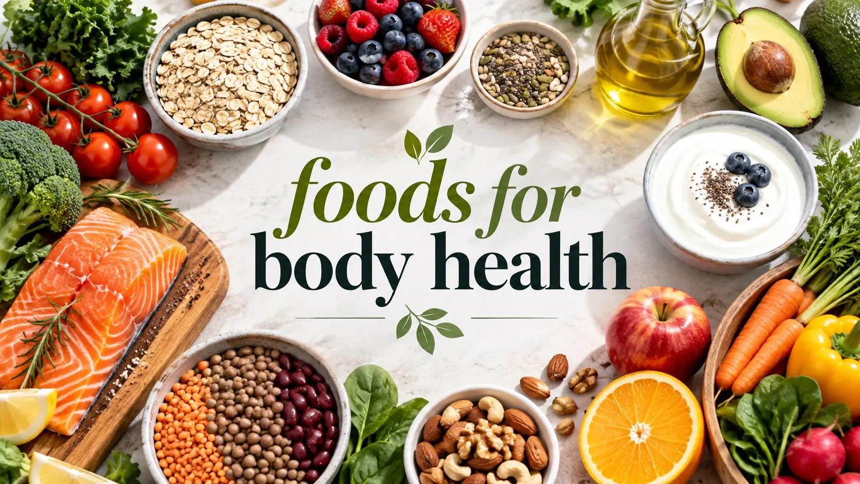 Foods for body health including vegetables fruit oats beans salmon yogurt nuts seeds olive oil and other balanced food choices