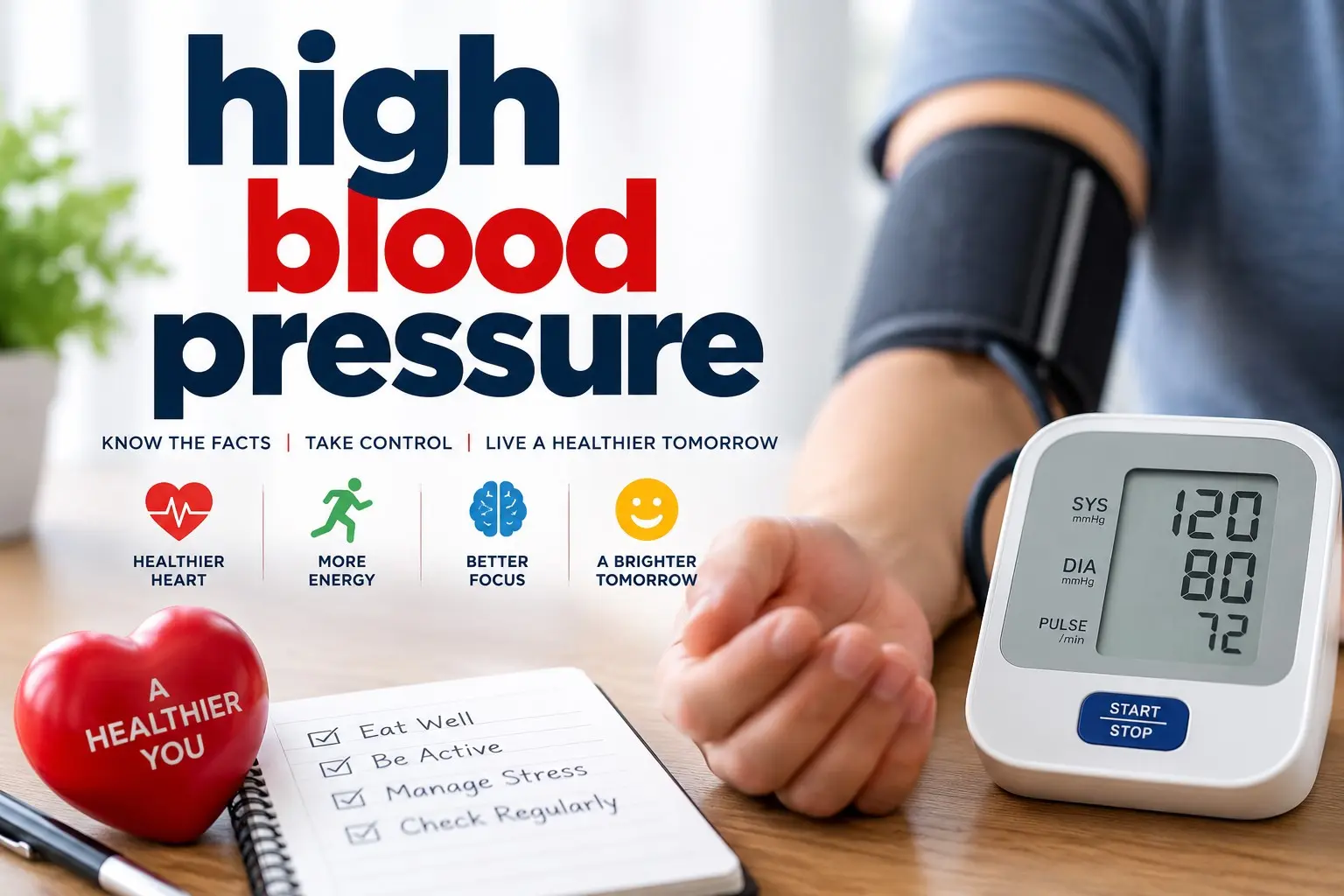 High blood pressure guide showing correct upper arm blood pressure measurement, heart health, home monitoring, healthy food, and medical care