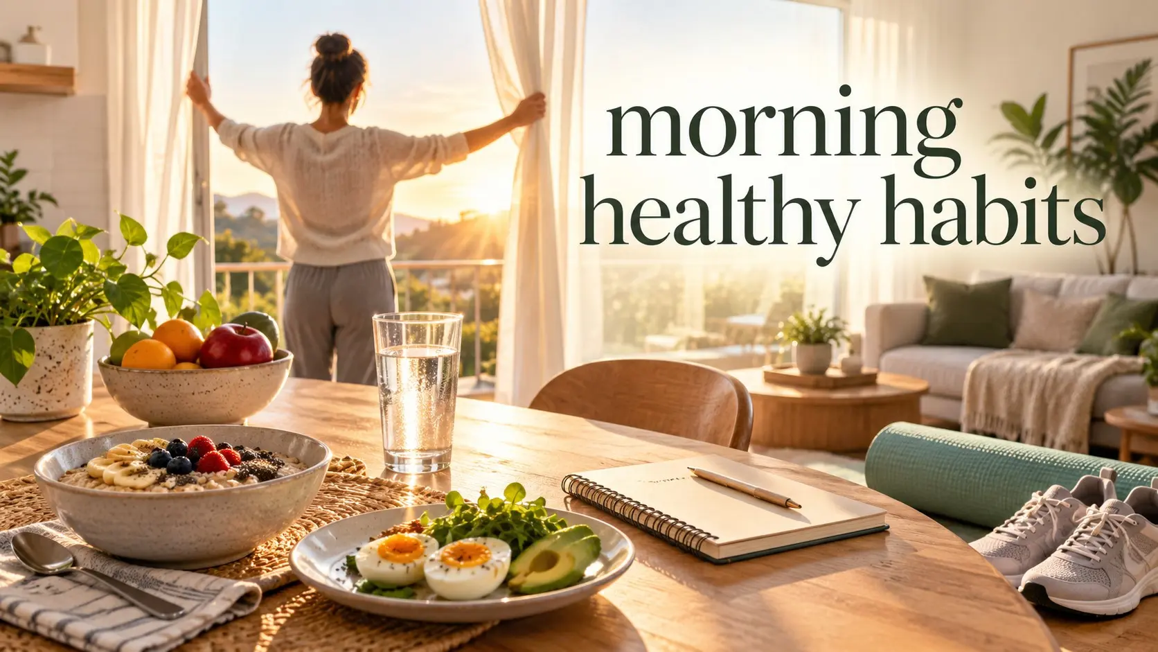 Morning healthy habits with daylight walking water nutritious breakfast planning and calm morning routine