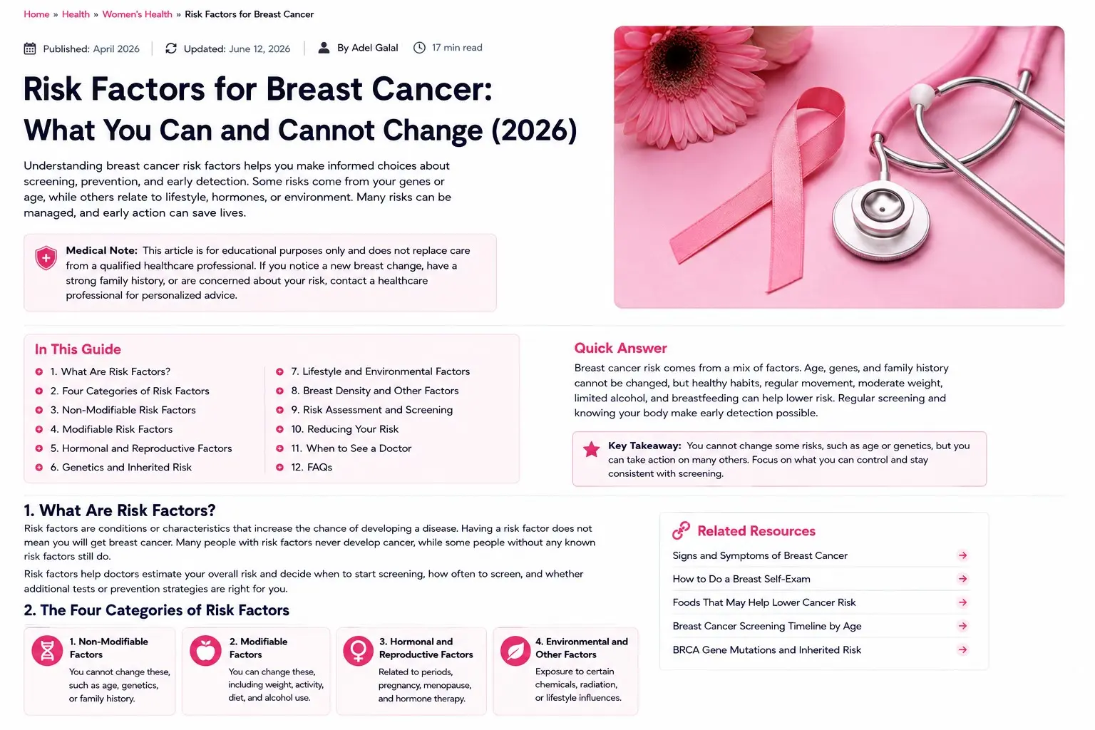 Breast Cancer Risk Factors - Pink breast cancer awareness ribbon beside a stethoscope and pink flower on a soft pink background