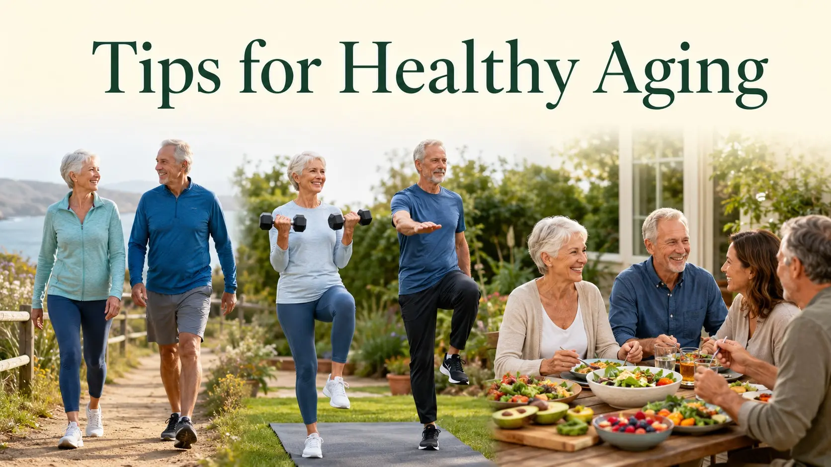 Tips for Healthy Aging with walking, strength exercise, balanced food, sleep, social connection, brain health and independent living