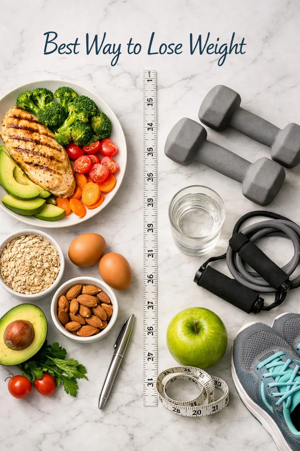 Split image showing healthy foods on one side and exercise equipment on the other representing diet vs exercise for weight loss