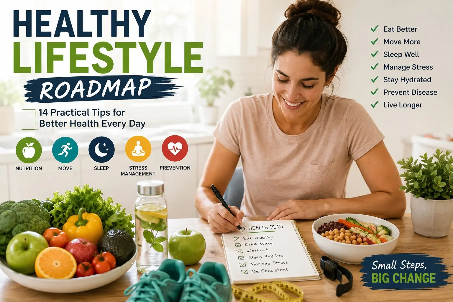 Healthy lifestyle roadmap showing nutritious food, hydration, exercise shoes, and a daily wellness plan