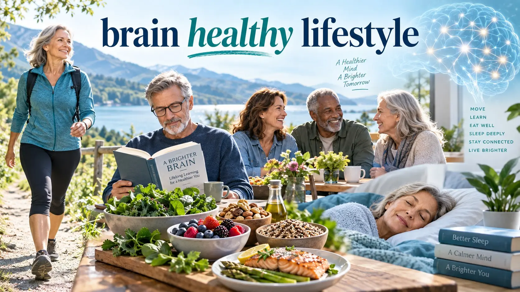 brain healthy lifestyle with exercise, healthy food, learning, sleep, and social connection