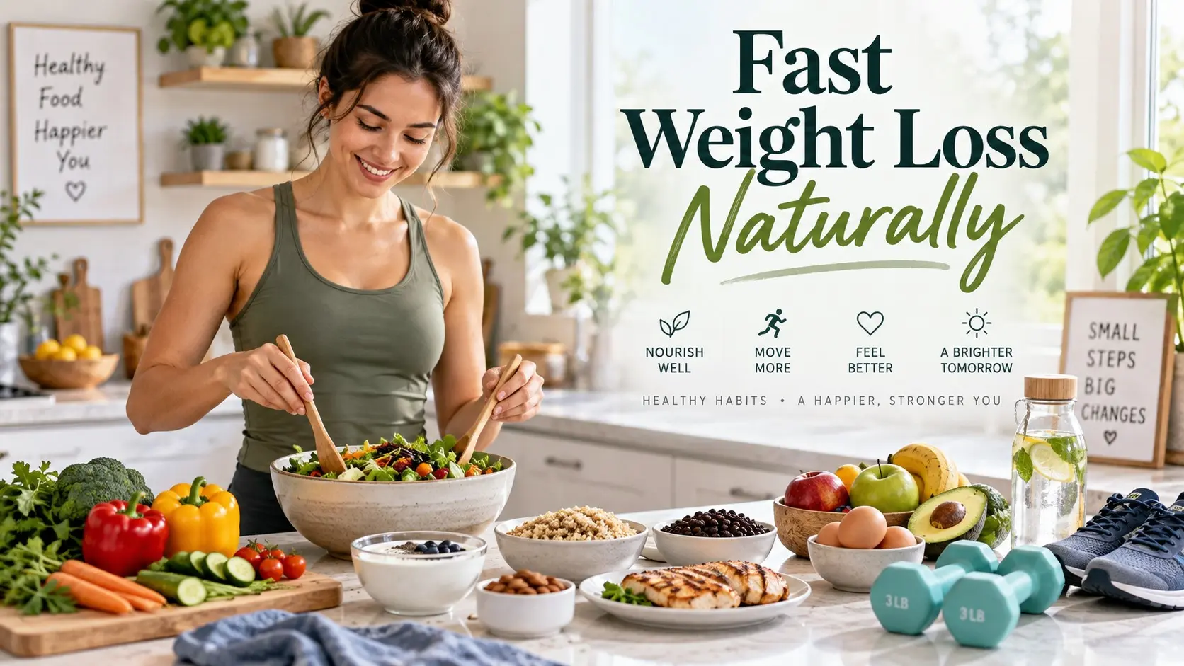 Fast weight loss naturally with balanced meals, protein, fiber, water, walking, strength training, sleep, and sustainable healthy habits.