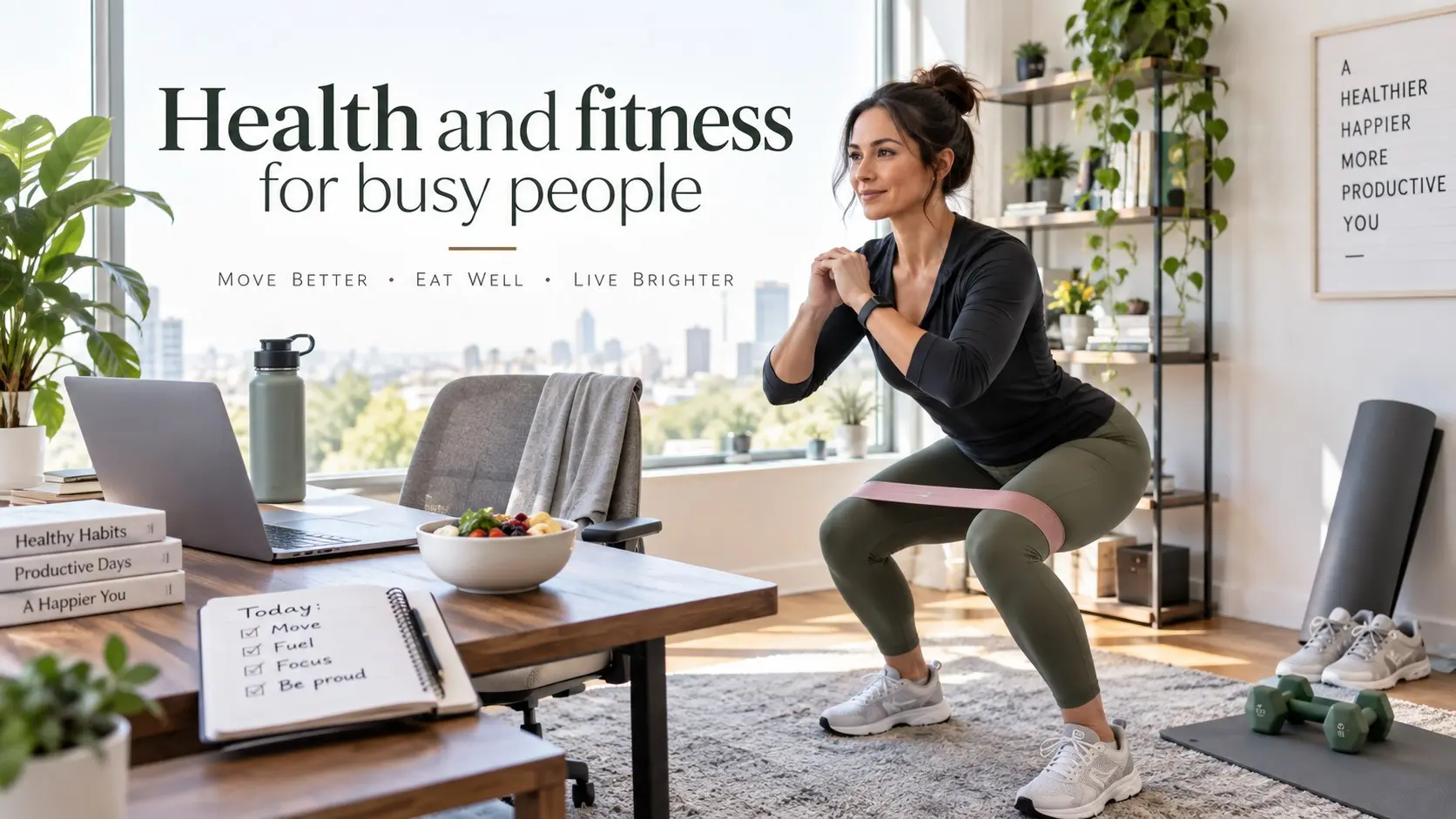 Health and fitness for busy people using short workouts, daily walking, strength training, healthy meals, sleep, and simple wellness habits.