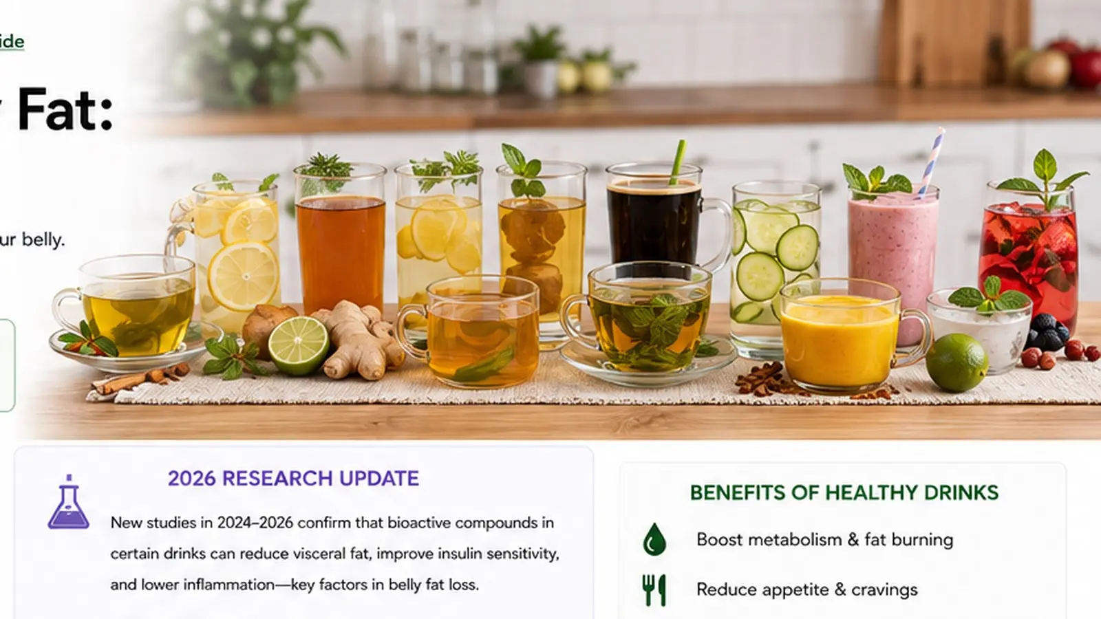healthy drinks to reduce belly fat - Fifteen healthy drink choices including water, tea, coffee, milk, soy milk, a protein shake, kefir, vegetable juice, and coconut water
