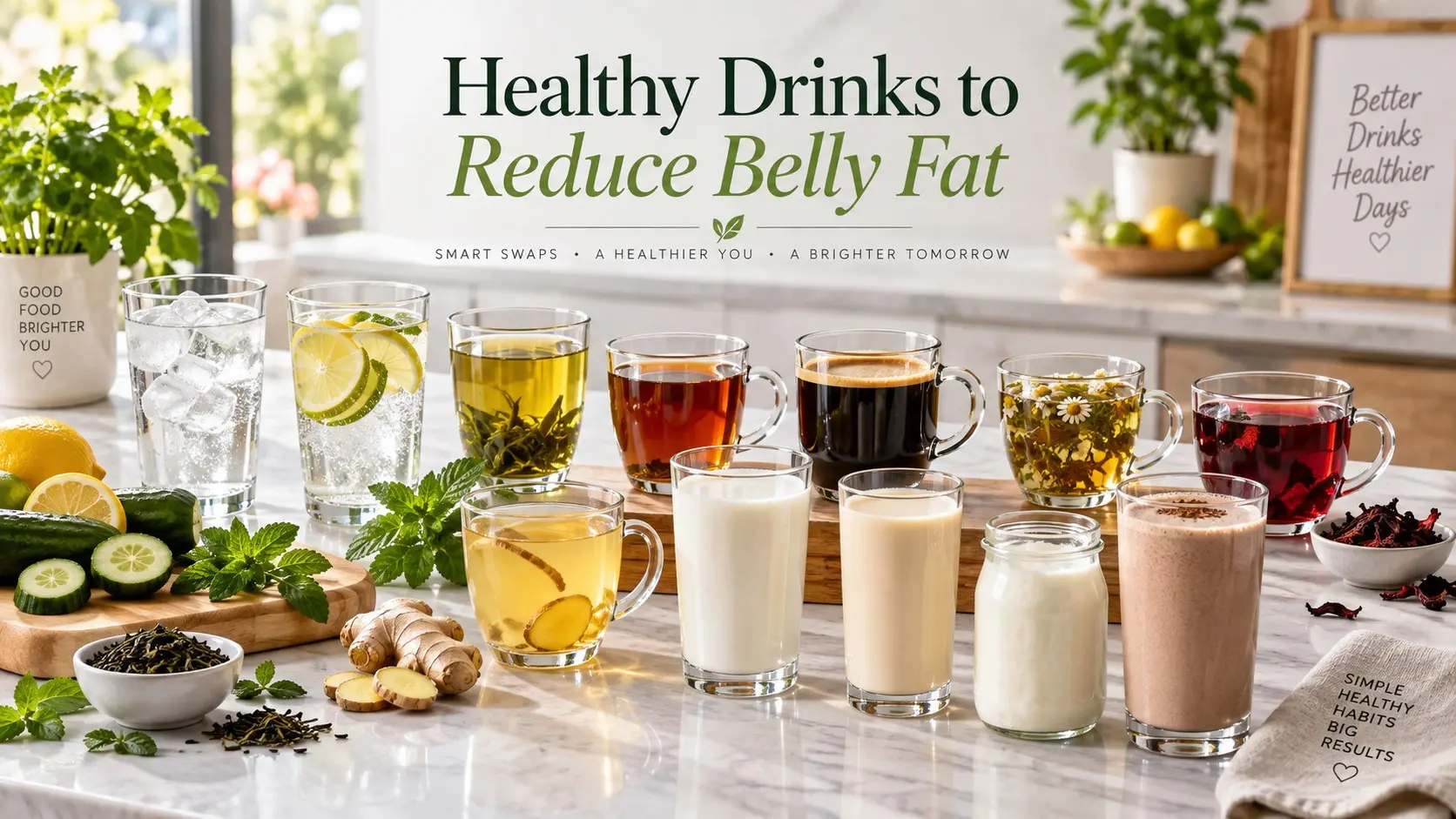 Healthy drinks to reduce belly fat including water, unsweetened tea, plain coffee, milk, kefir, and other smart low sugar drink swaps.