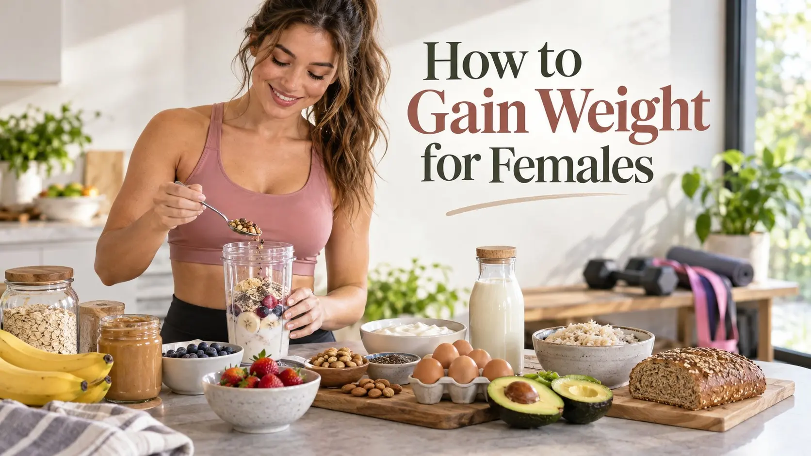 How to gain weight for females with nutrient rich meals, healthy calorie boosters, protein, smoothies, and strength training.