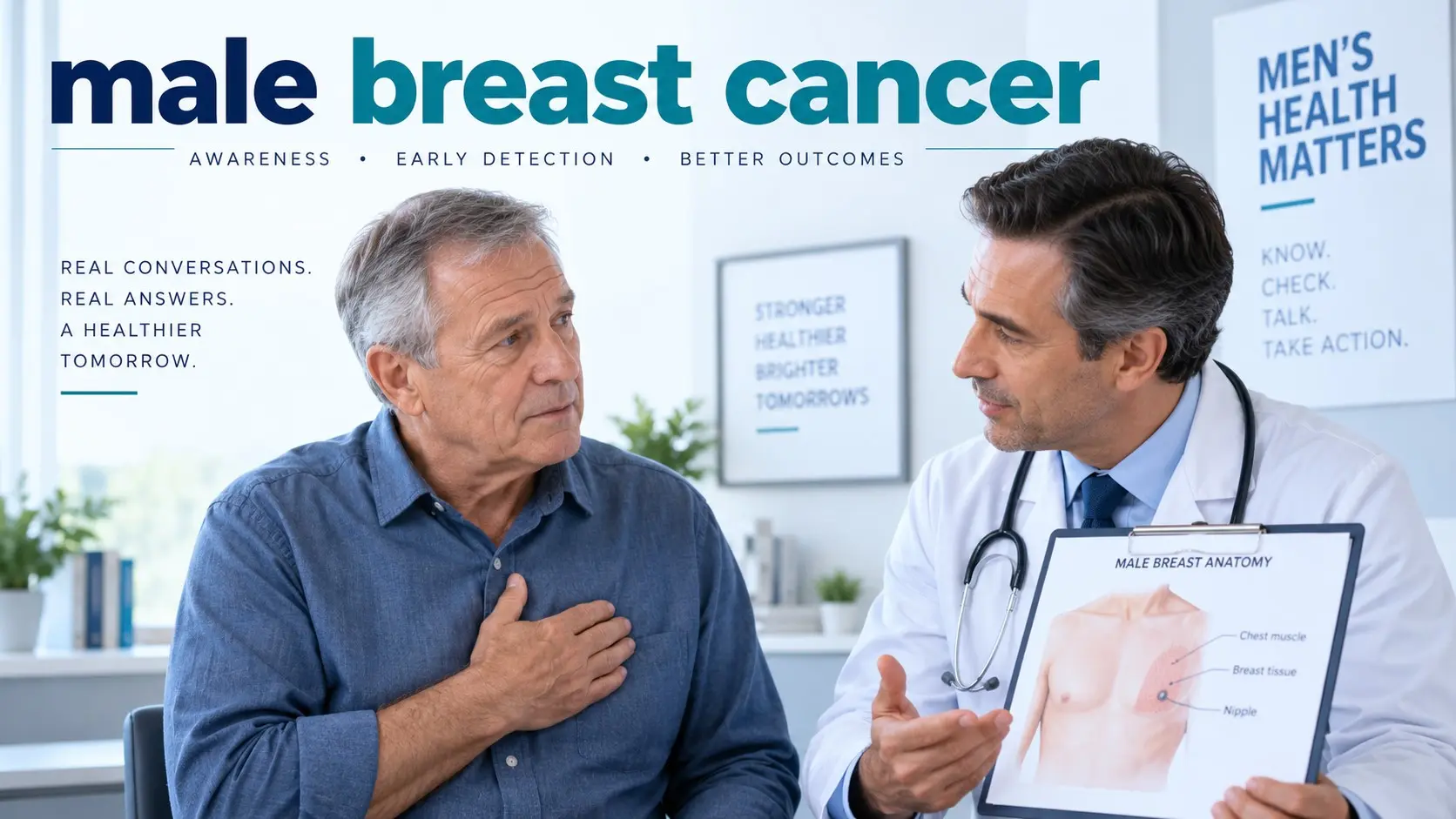 male breast cancer awareness showing a man discussing breast symptoms and early diagnosis with a doctor