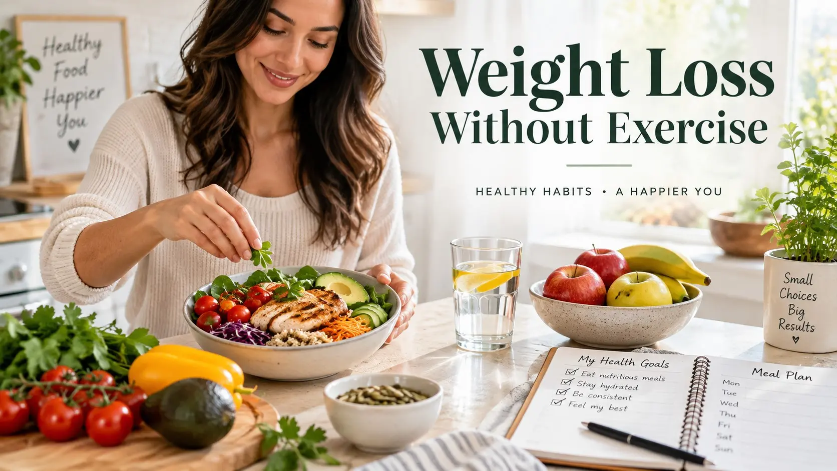 Weight loss without exercise through balanced meals, portion awareness, protein, fiber, healthy drinks, sleep, and sustainable daily habits.