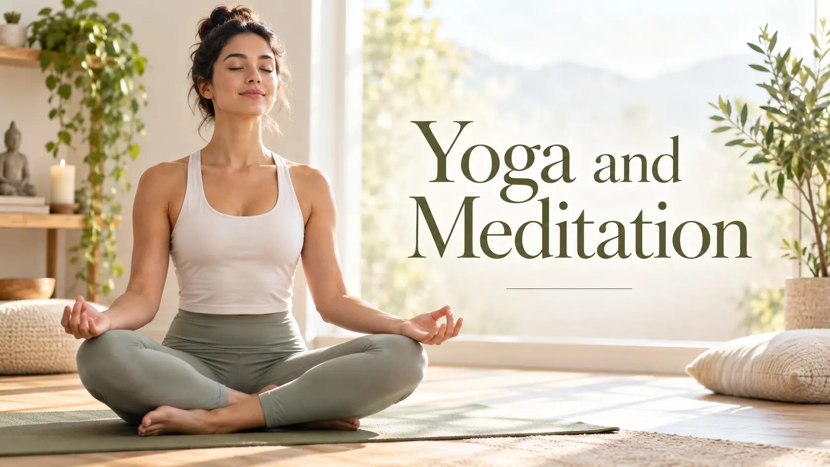 Yoga and meditation practice supporting calm, flexibility, mindfulness, breathing, and mind body awareness.