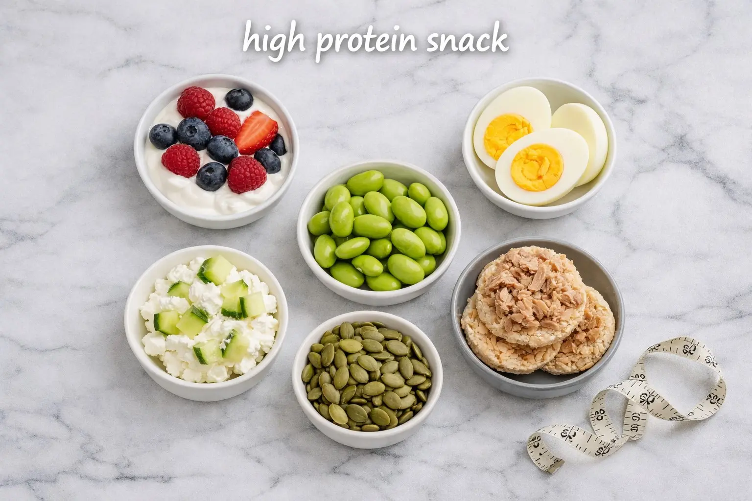 Six high protein snack options for weight loss including Greek yoghurt eggs edamame tuna cottage cheese and seeds on white marble
