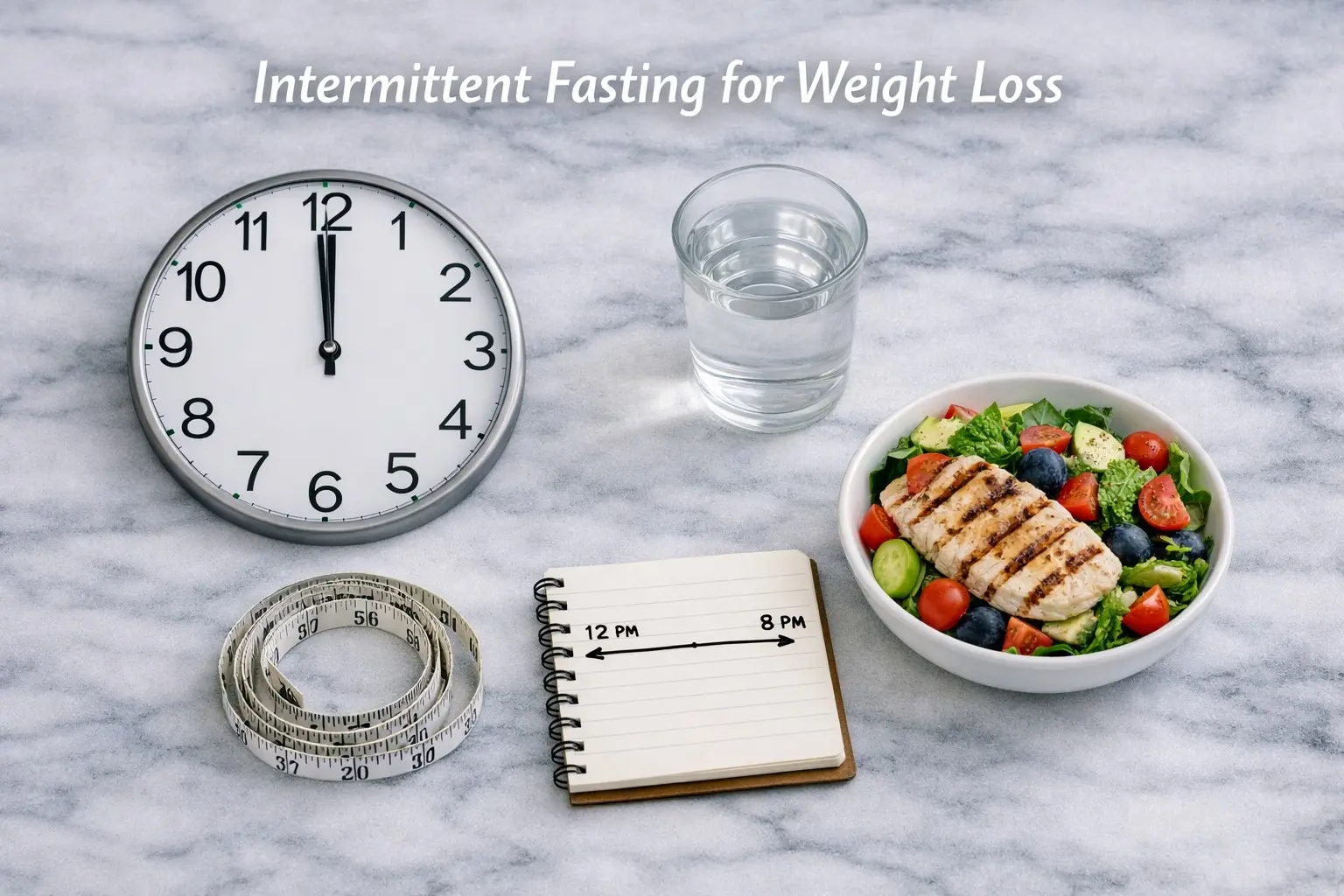 Clock water glass, chicken salad and eating window notebook representing intermittent fasting for weight loss