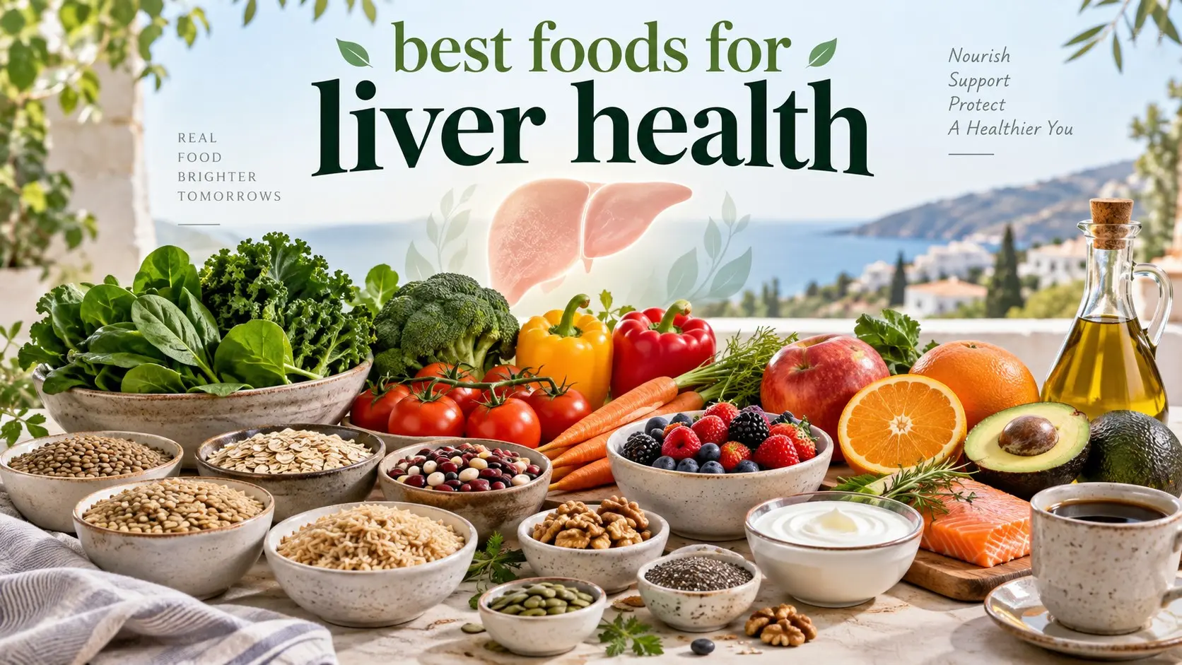 best foods for liver health including vegetables, berries, whole grains, beans, salmon, nuts, olive oil, avocado, and plain yogurt