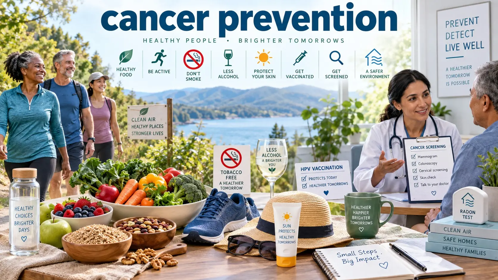cancer prevention through no tobacco, healthy food, exercise, vaccines, sun protection, screening, and medical care