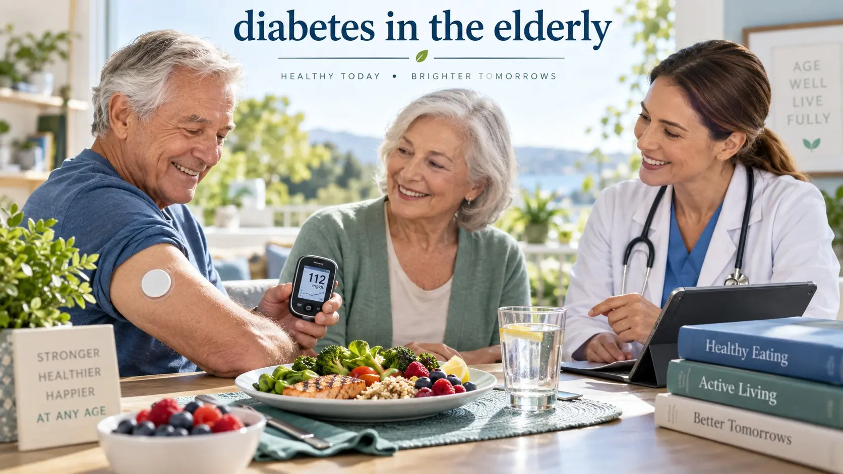 diabetes in the elderly with healthy food, glucose monitoring, physical activity, medication care, and healthy aging