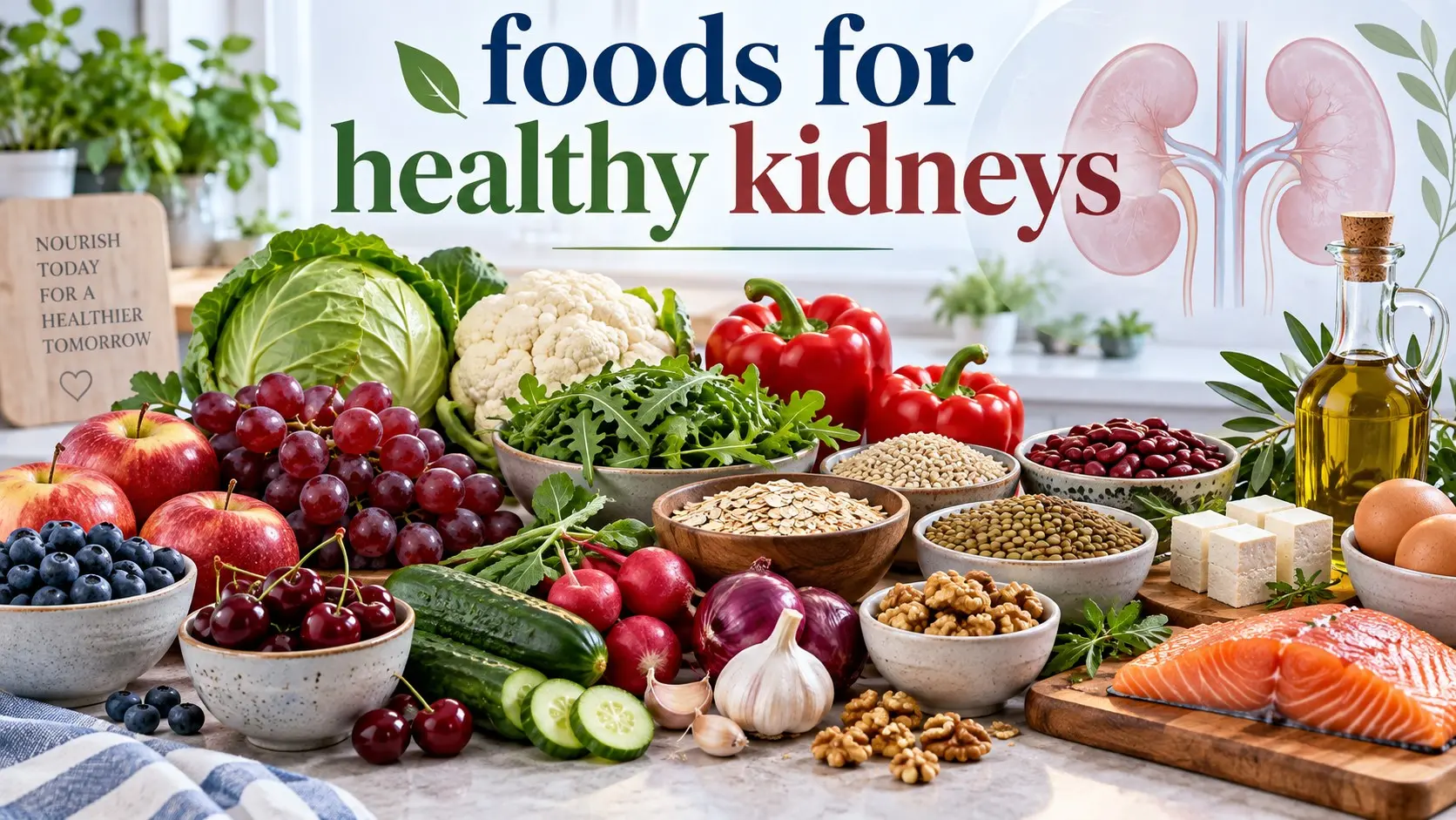 foods for healthy kidneys including berries, vegetables, whole grains, legumes, fish, nuts, and olive oil