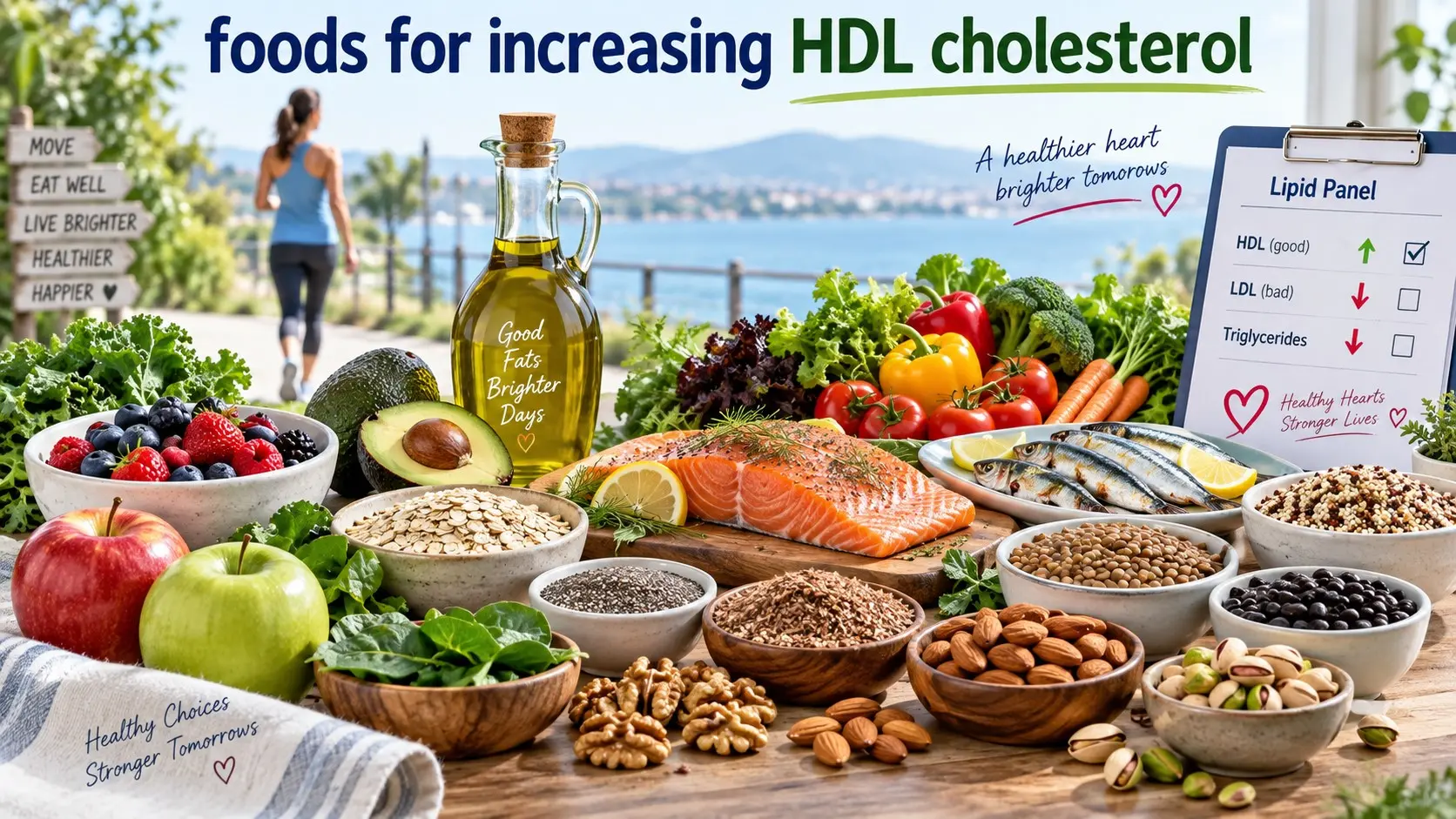 foods for increasing HDL cholesterol including olive oil, salmon, avocado, nuts, seeds, oats, beans, and berries