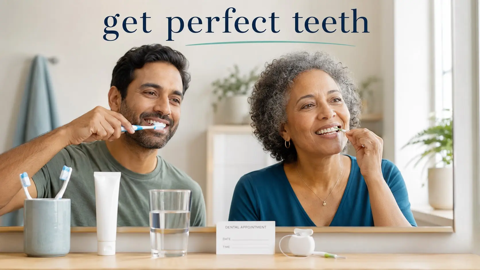 Get perfect teeth- Adults following a daily oral care routine with brushing and cleaning between naturally healthy teeth